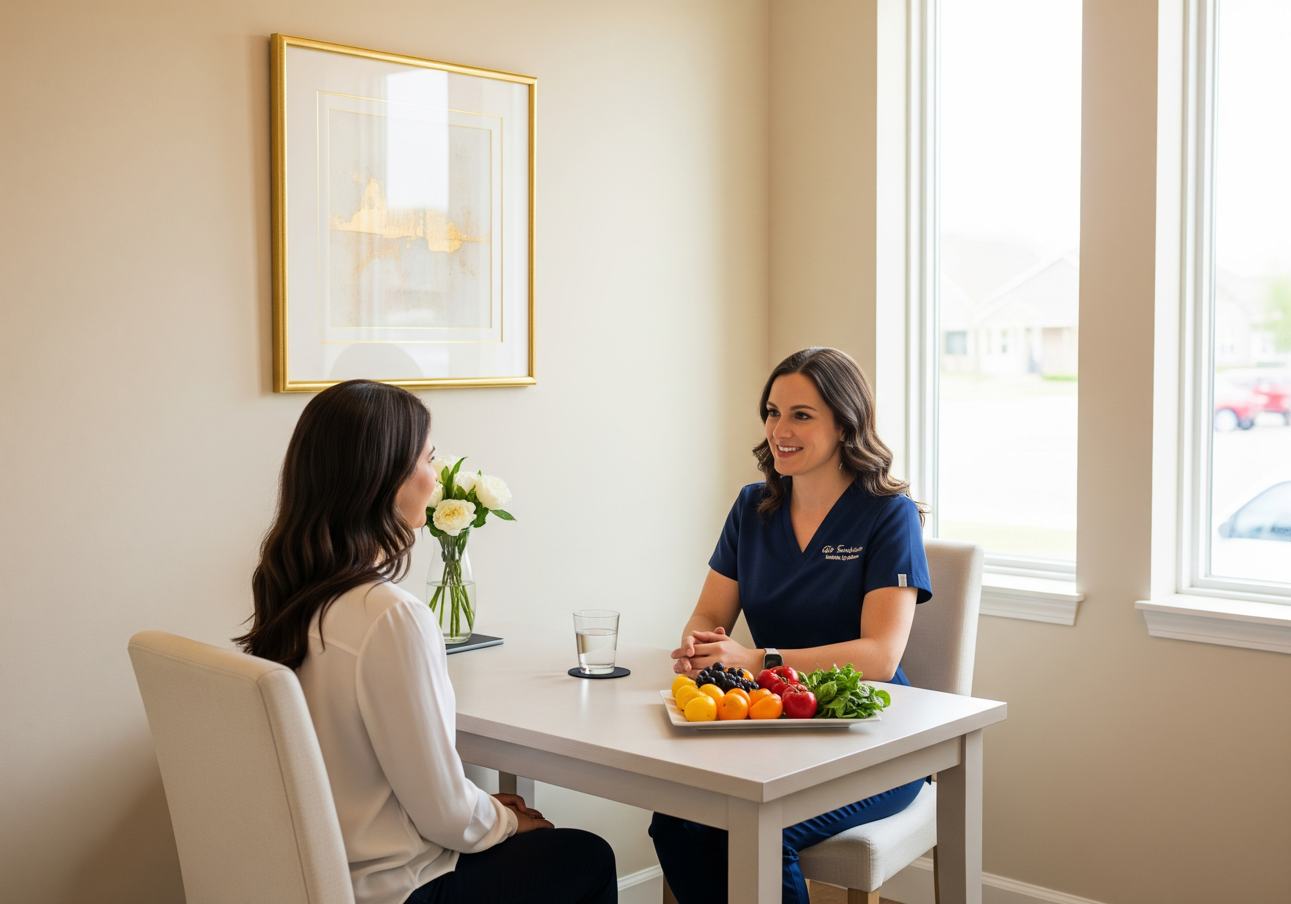 provider in navy blue uniform discussing healthy foods before and after a medical aesthetic treatment with a patient in a naturally lit clinic.