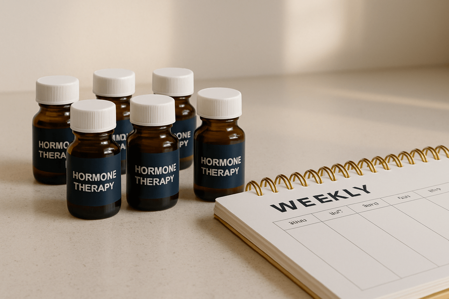 hormone therapy supplement bottles arranged next to a weekly planner for organized treatment