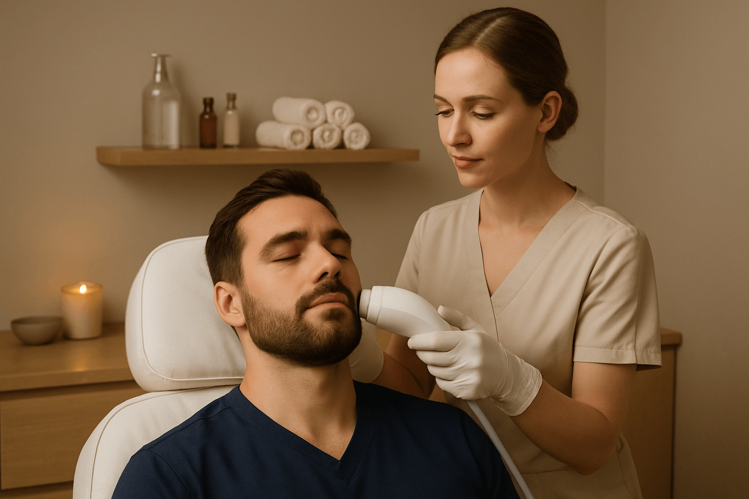 male client receiving a professional facial treatment with advanced device in a spa setting