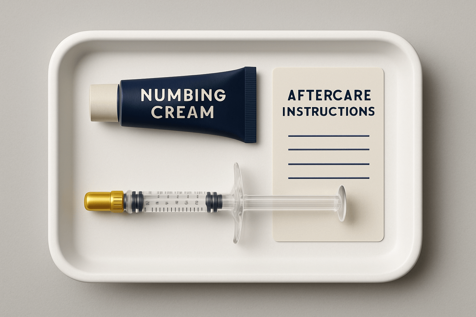 tray with numbing cream, syringe, and aftercare instructions for cosmetic procedures