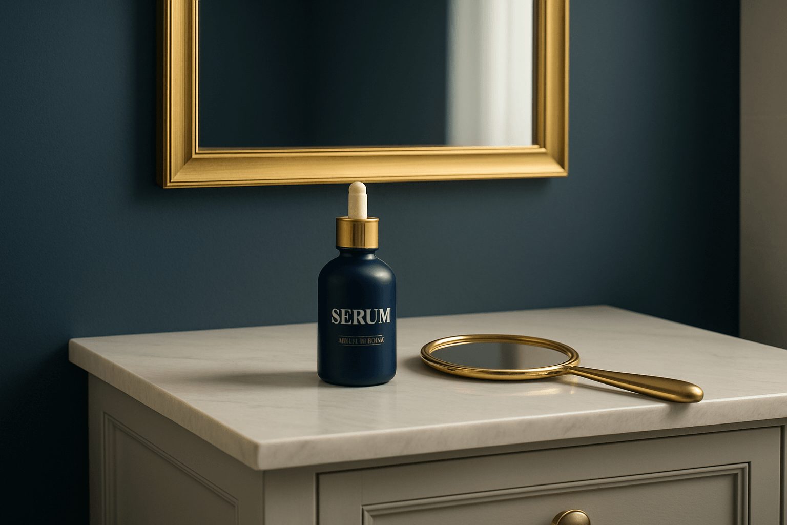 luxurious serum bottle with gold accents and a mirror on a marble vanity