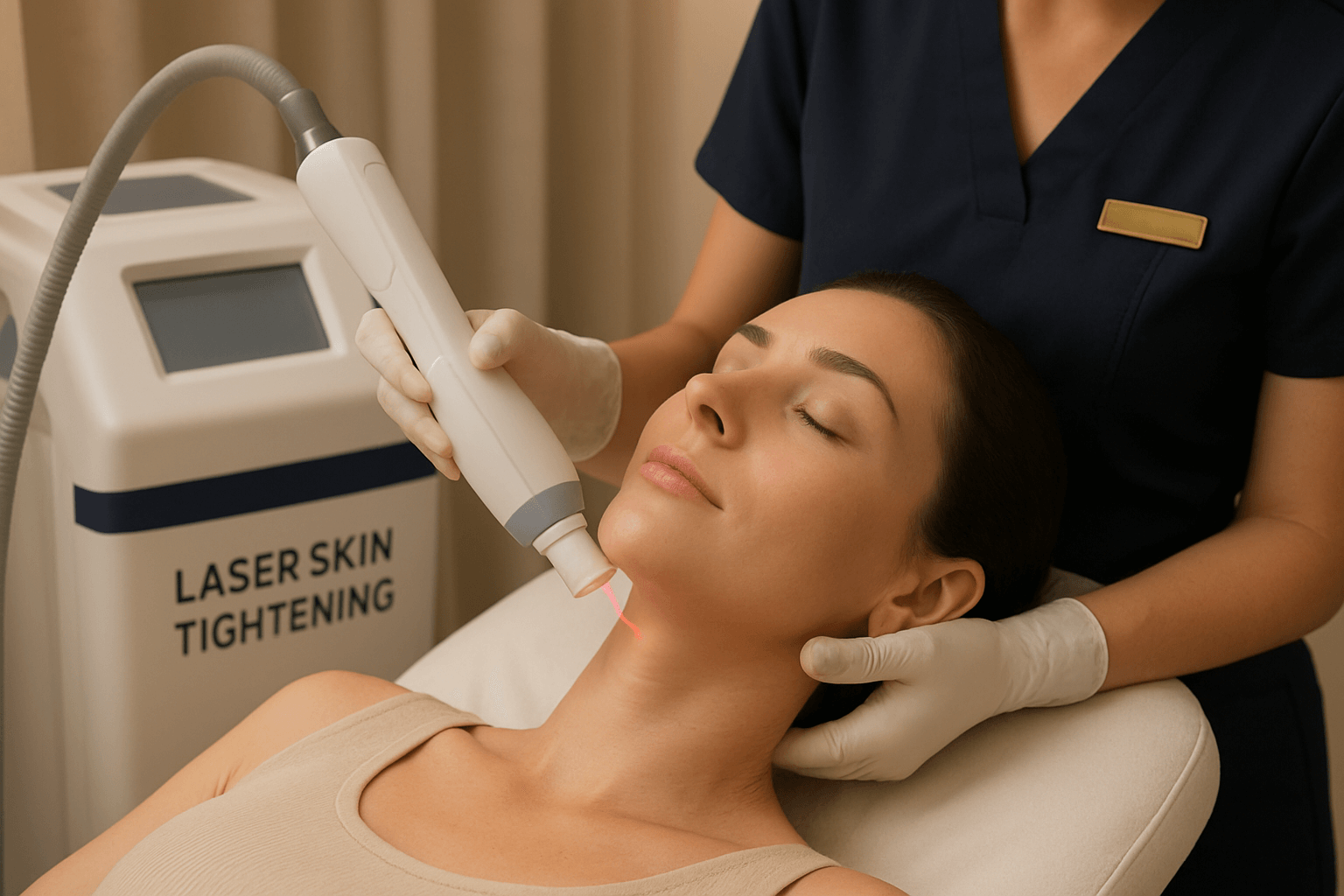 woman receiving laser skin tightening treatment from a specialist in a clinic