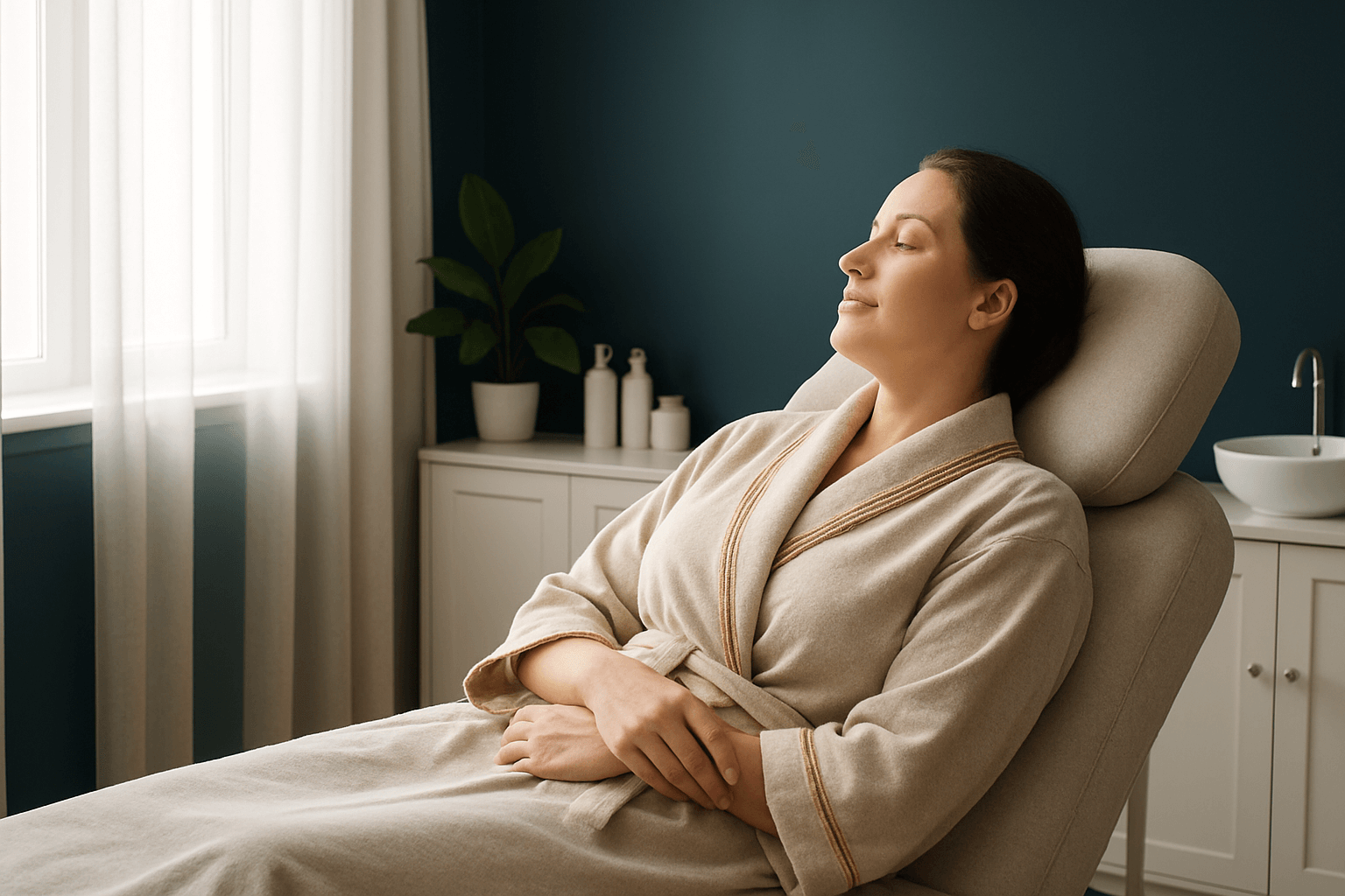 woman relaxing in a spa chair wearing a robe, enjoying a peaceful medspa experience