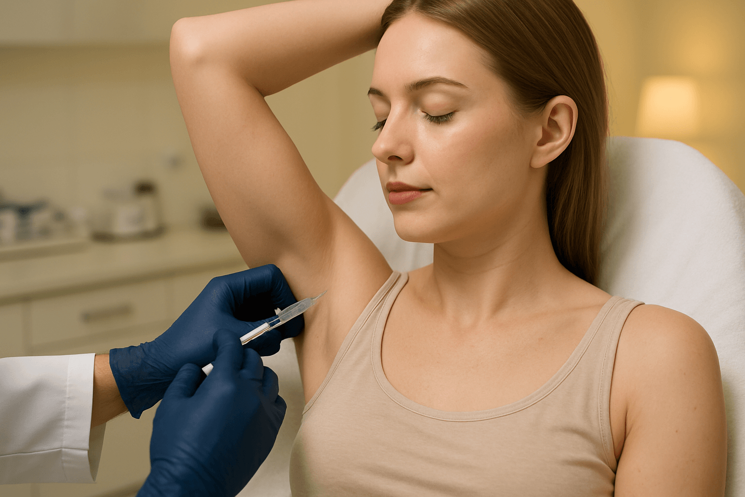 woman receiving an underarm injection by a gloved medical professional in a clinic