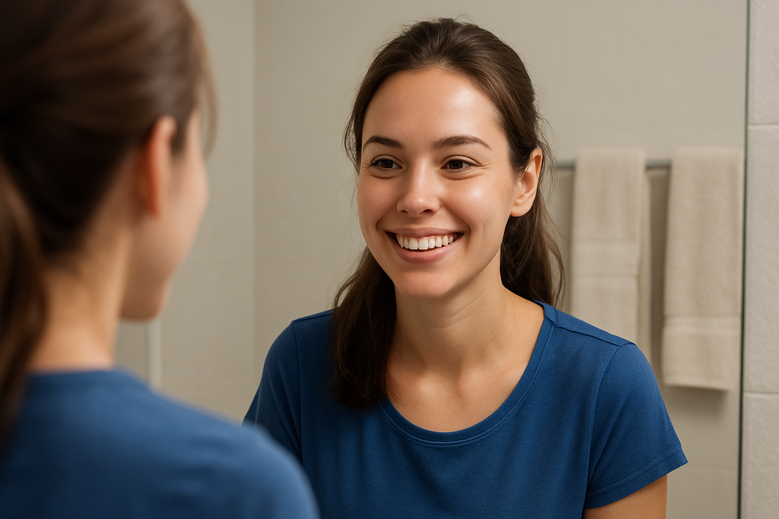 a woman smiling in the mirror with radiant skin after skincare treatments.