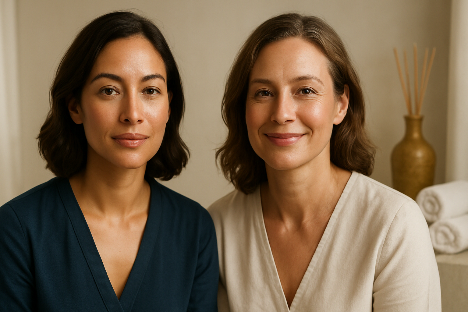 two skincare professionals at advanced life clinic smiling confidently.