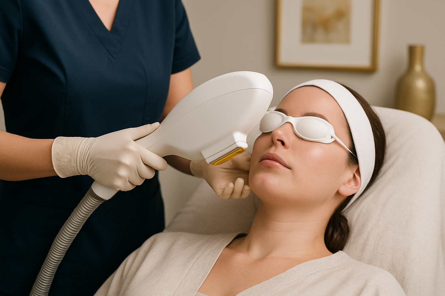 a client undergoing an ipl light therapy session with protective eyewear.