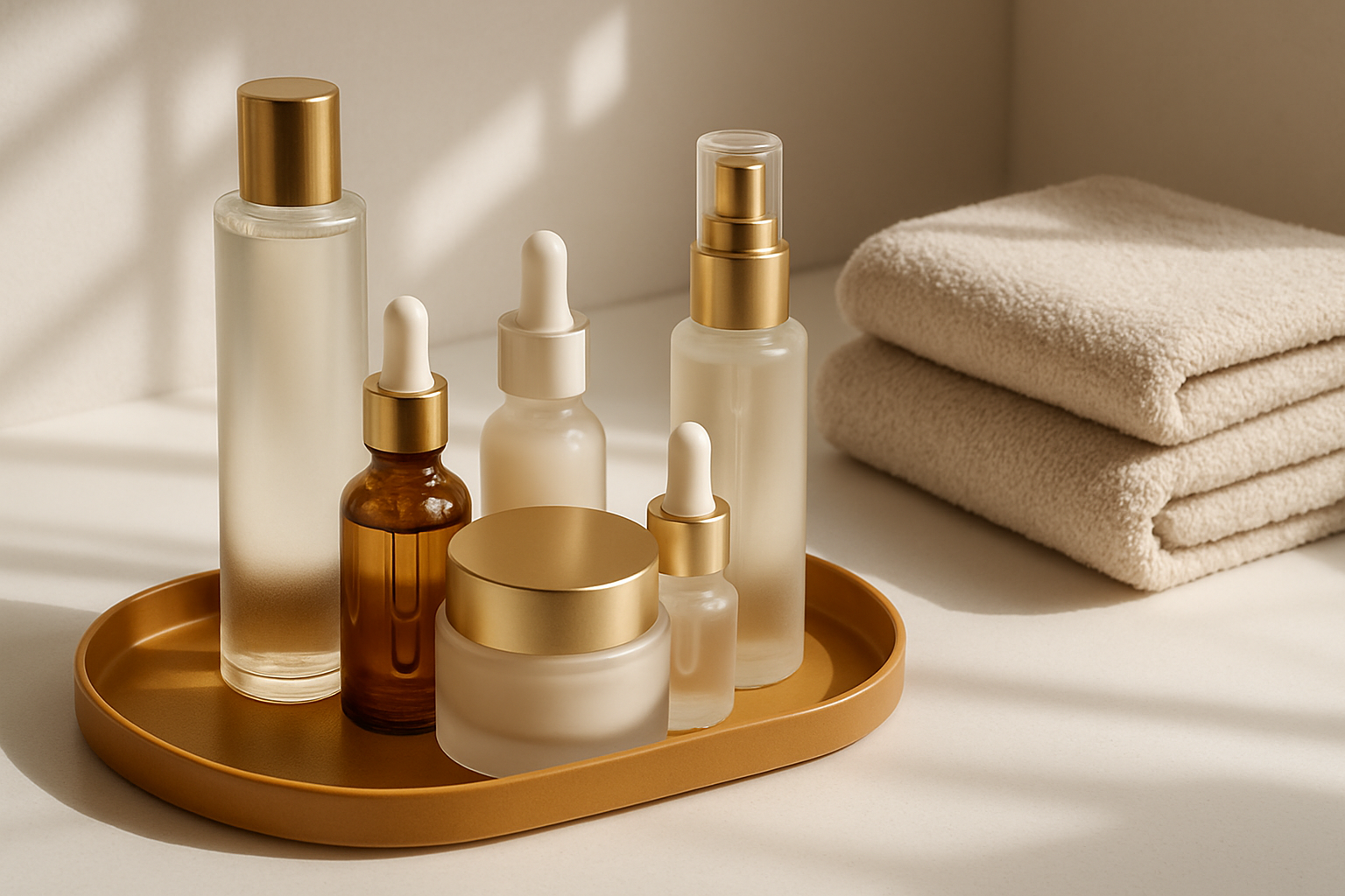 luxury skincare products with golden lids arranged on a tray at advanced life clinic.