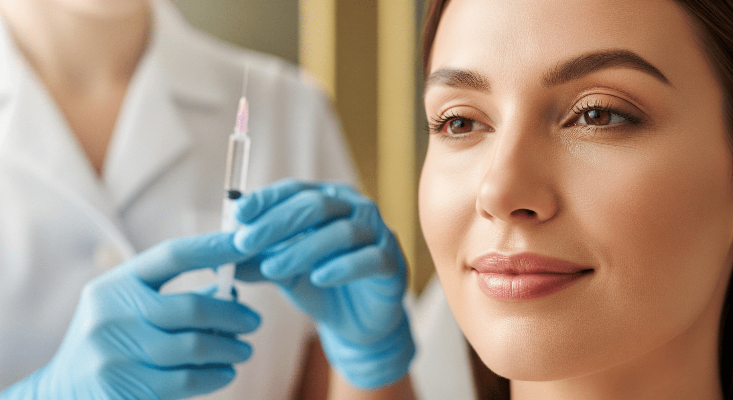 aesthetic provider preparing a cosmetic injection for a smiling patient.