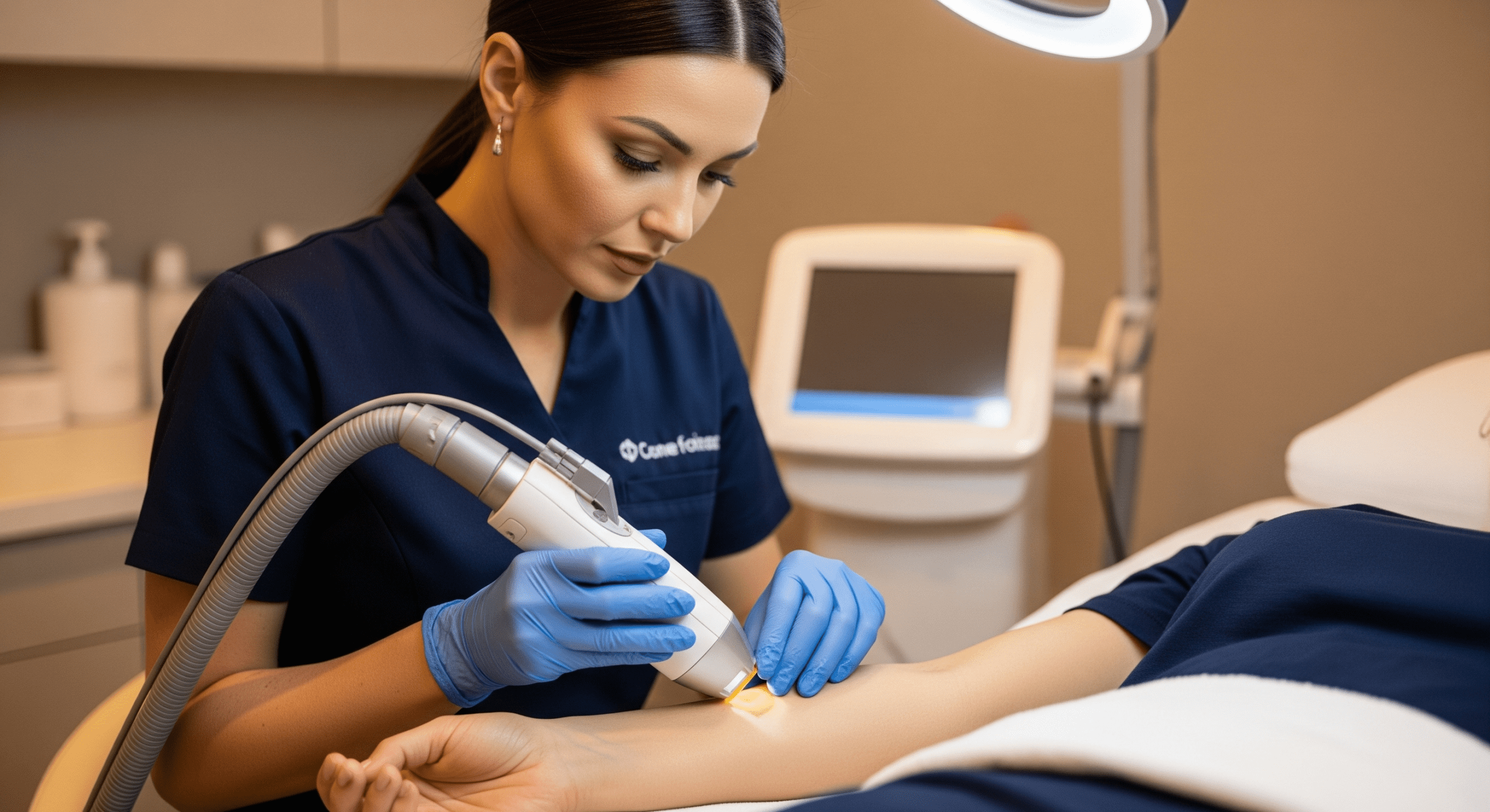 aesthetic professional performing laser hair removal treatment on a patient’s arm.