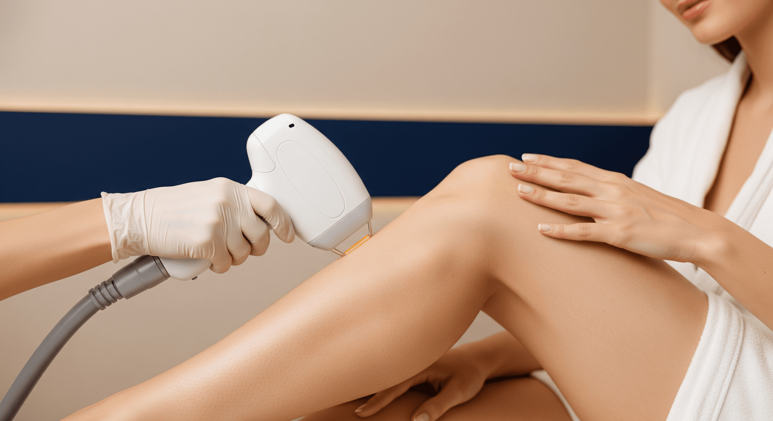 laser hair removal being performed on a woman’s legs in a spa setting.