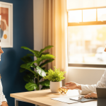 Patient and medical provider smiling during consultation in a bright clinic office.