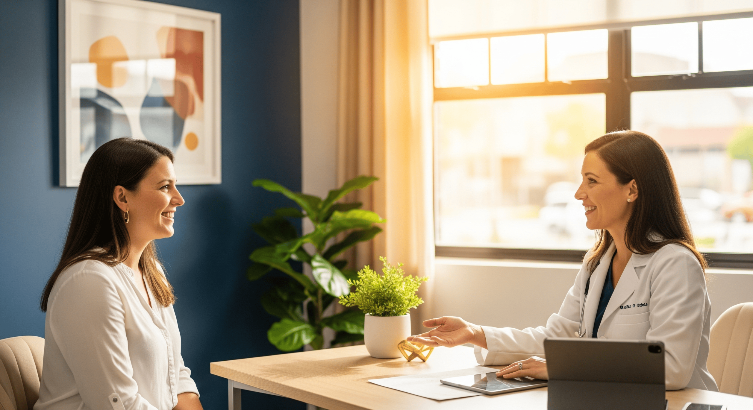 patient and medical provider smiling during consultation in a bright clinic office.