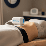 CoolSculpting device applied to a patient’s abdomen during fat-freezing treatment.