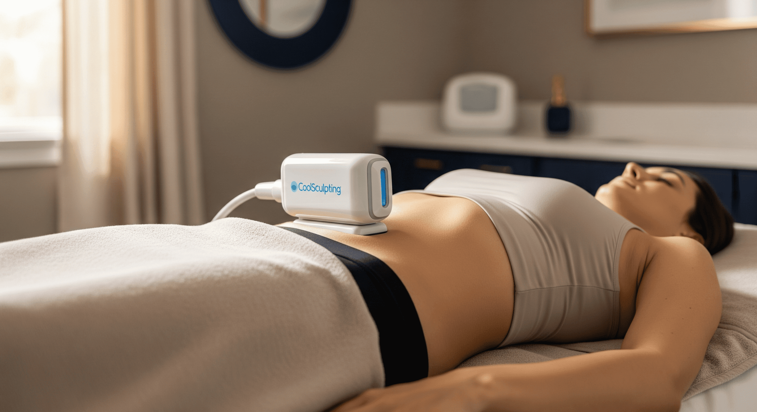 coolsculpting device applied to a patient’s abdomen during fat-freezing treatment.