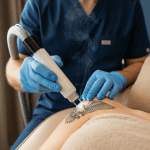 Technician performing laser tattoo removal on a patient’s shoulder.