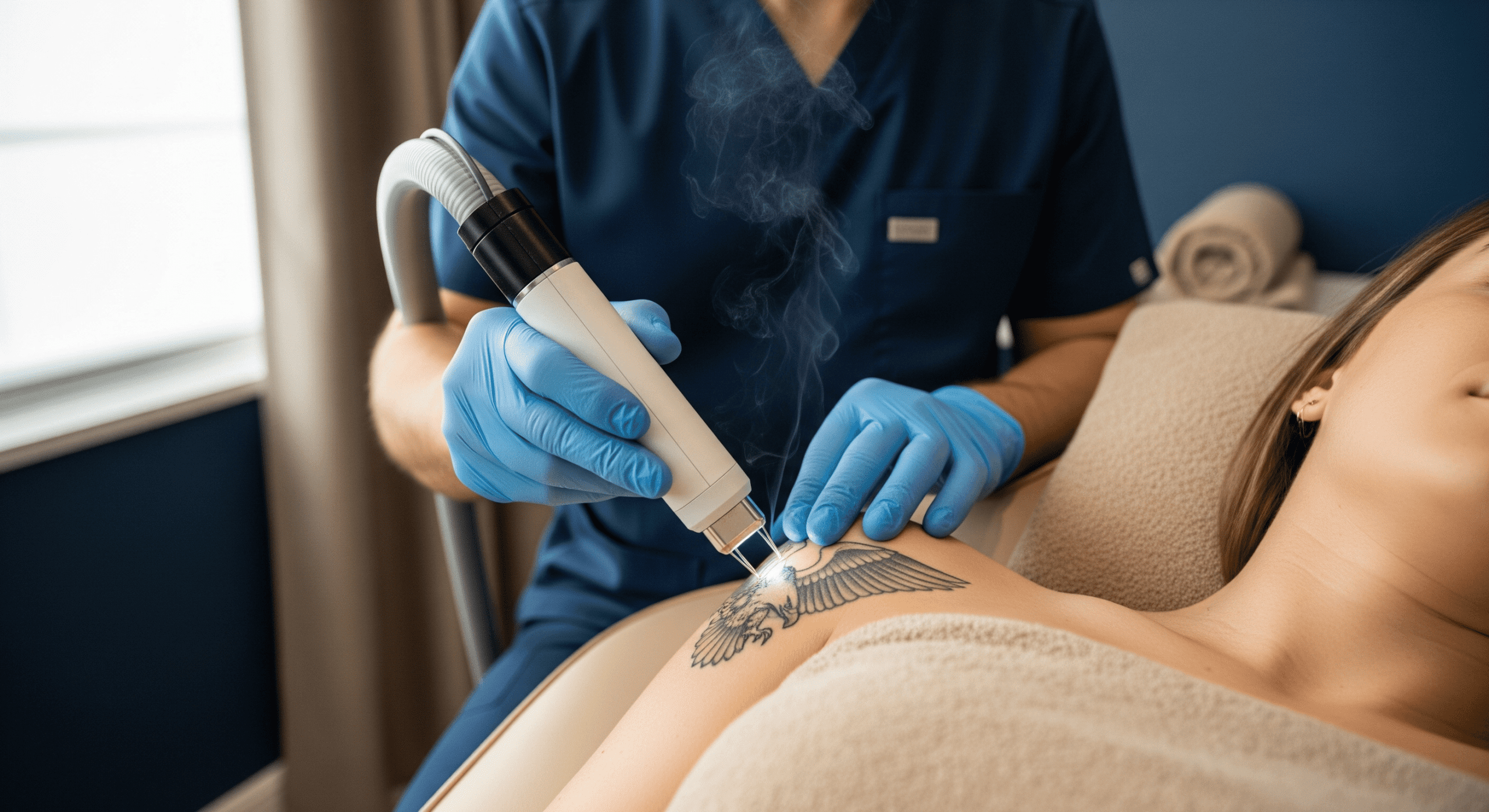 technician performing laser tattoo removal on a patient’s shoulder.