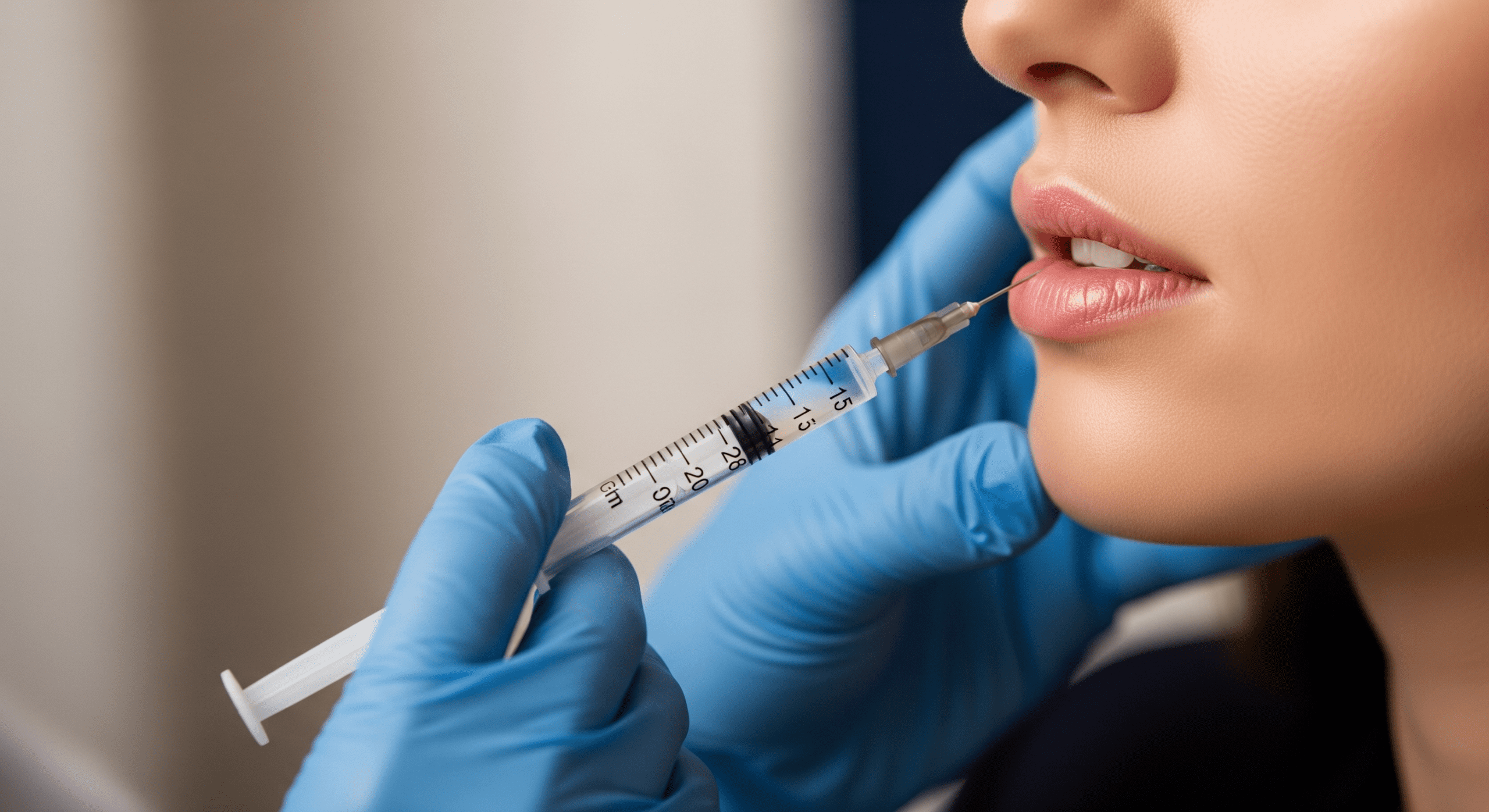 close-up of lip filler injection being administered by a medical professional.