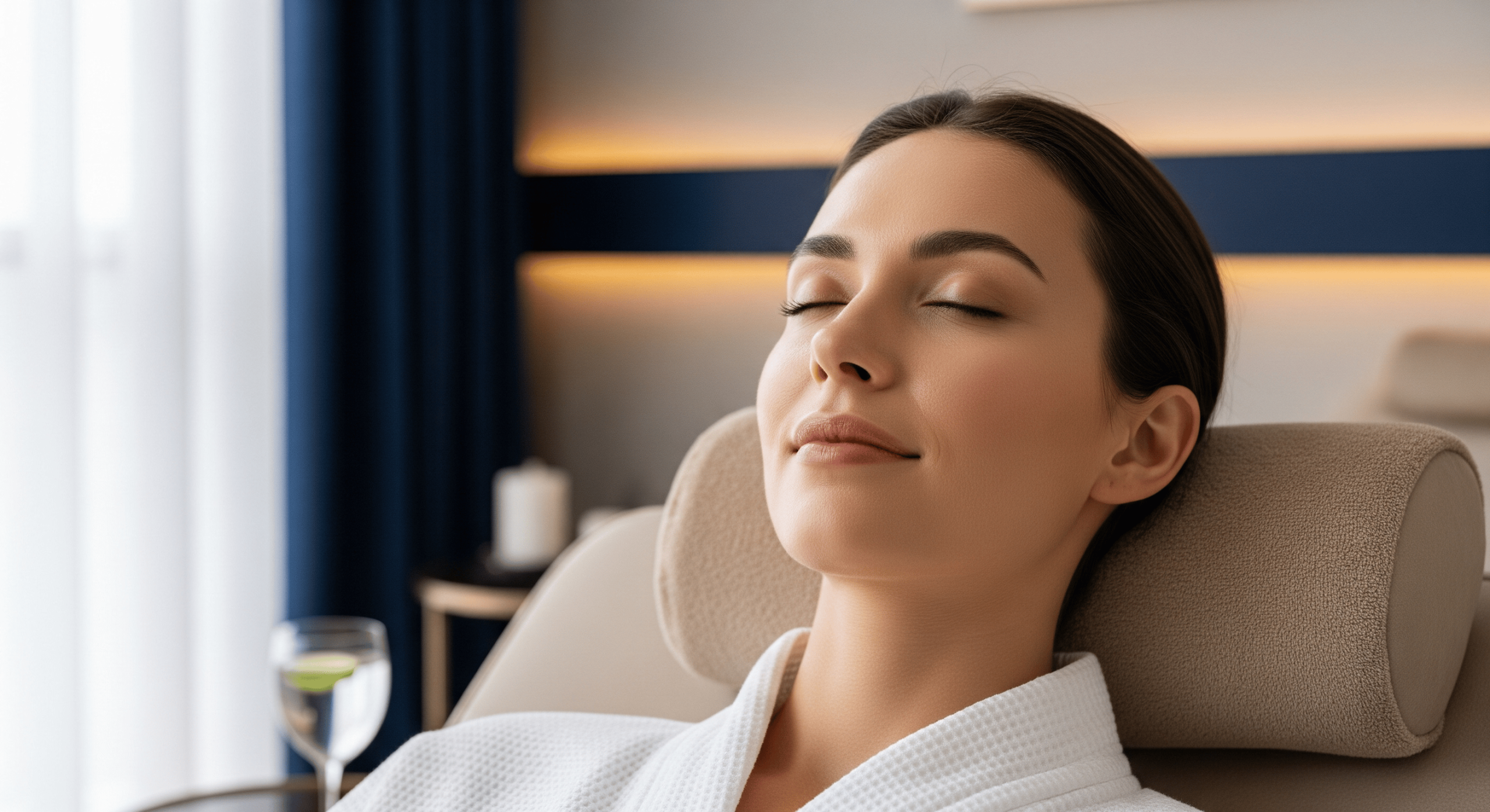 woman relaxing in a spa chair after completing her skincare treatment.