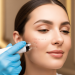 Close-up of RF microneedling treatment being performed on a woman’s cheek.