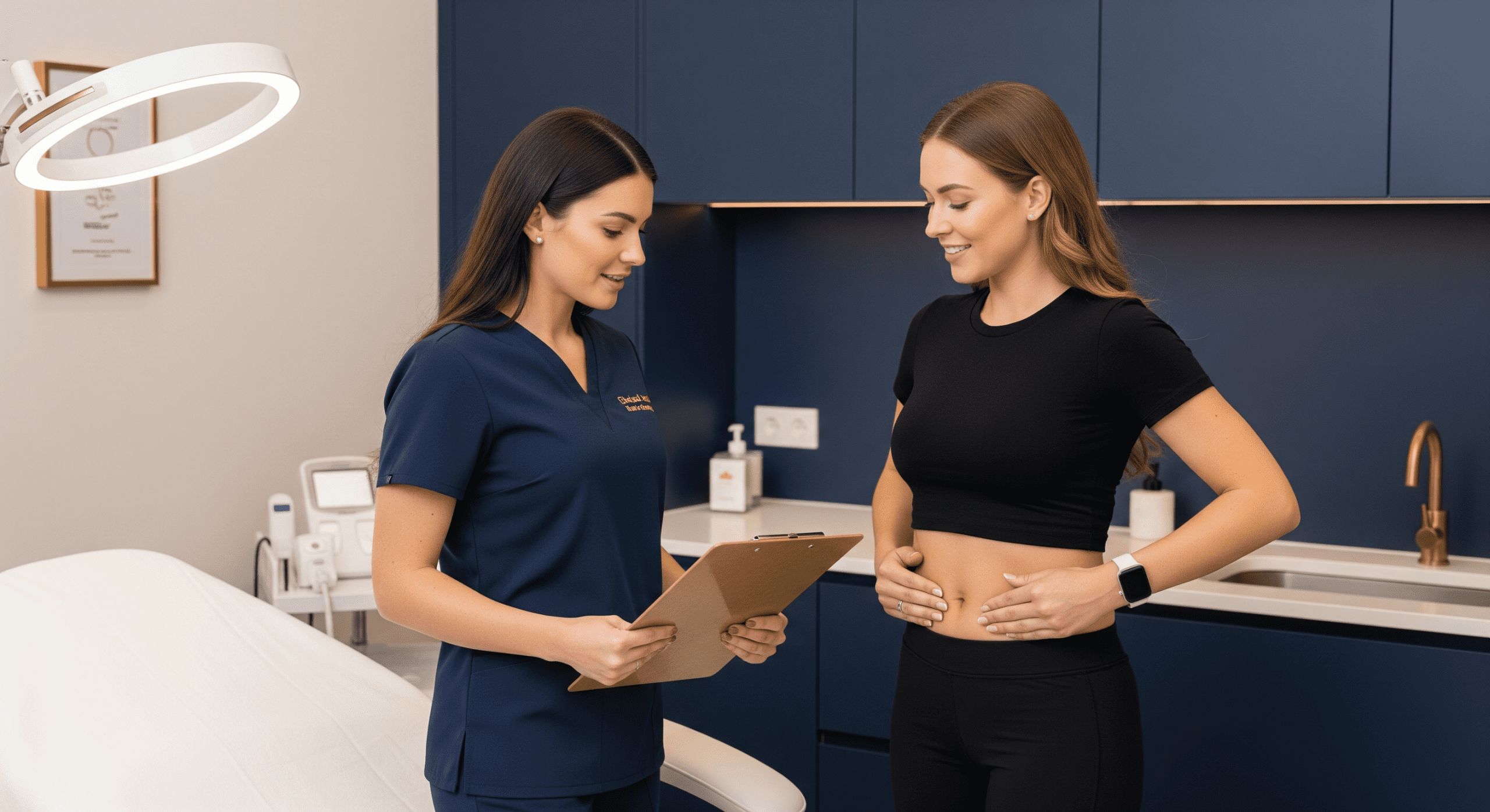 a medical provider discusses abdominal treatment options with a patient during a consultation in a modern aesthetic clinic.
