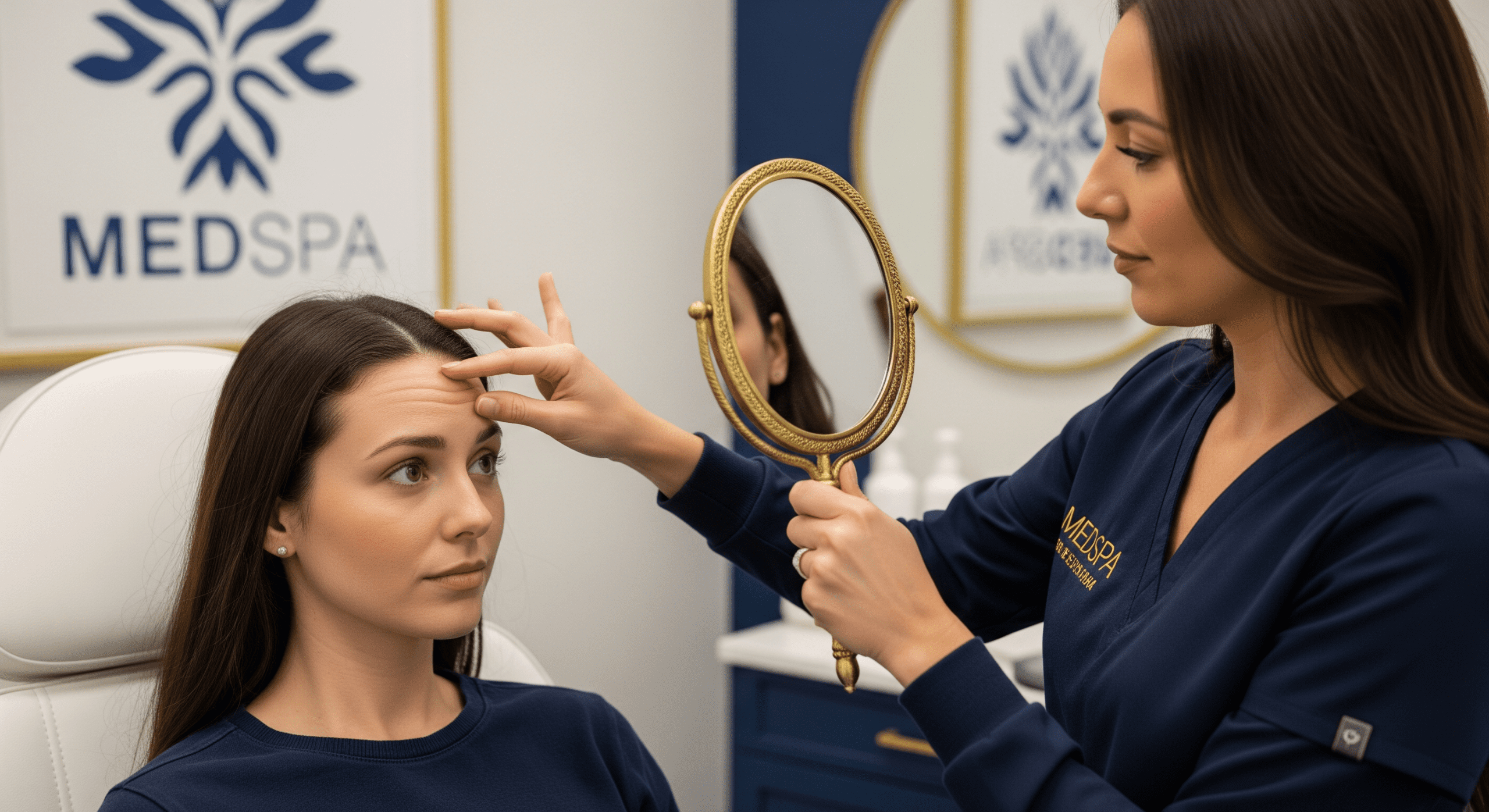 a provider examines a patient’s forehead lines using a handheld mirror during an injectable consultation.