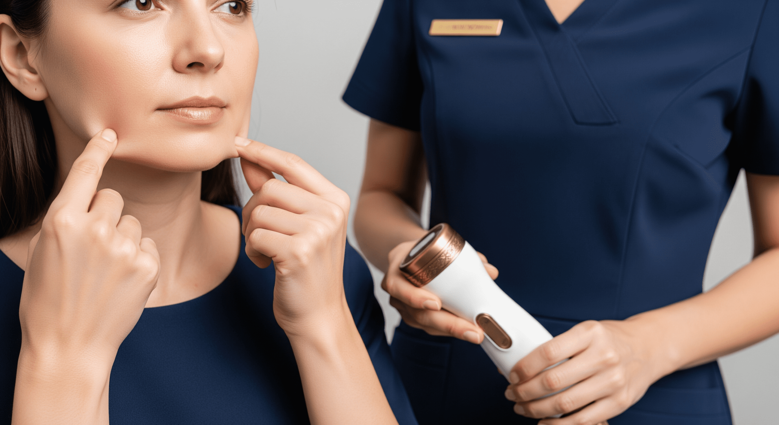 a patient gently pulls at her jawline while a provider holds a skin-treating device during a facial assessment.