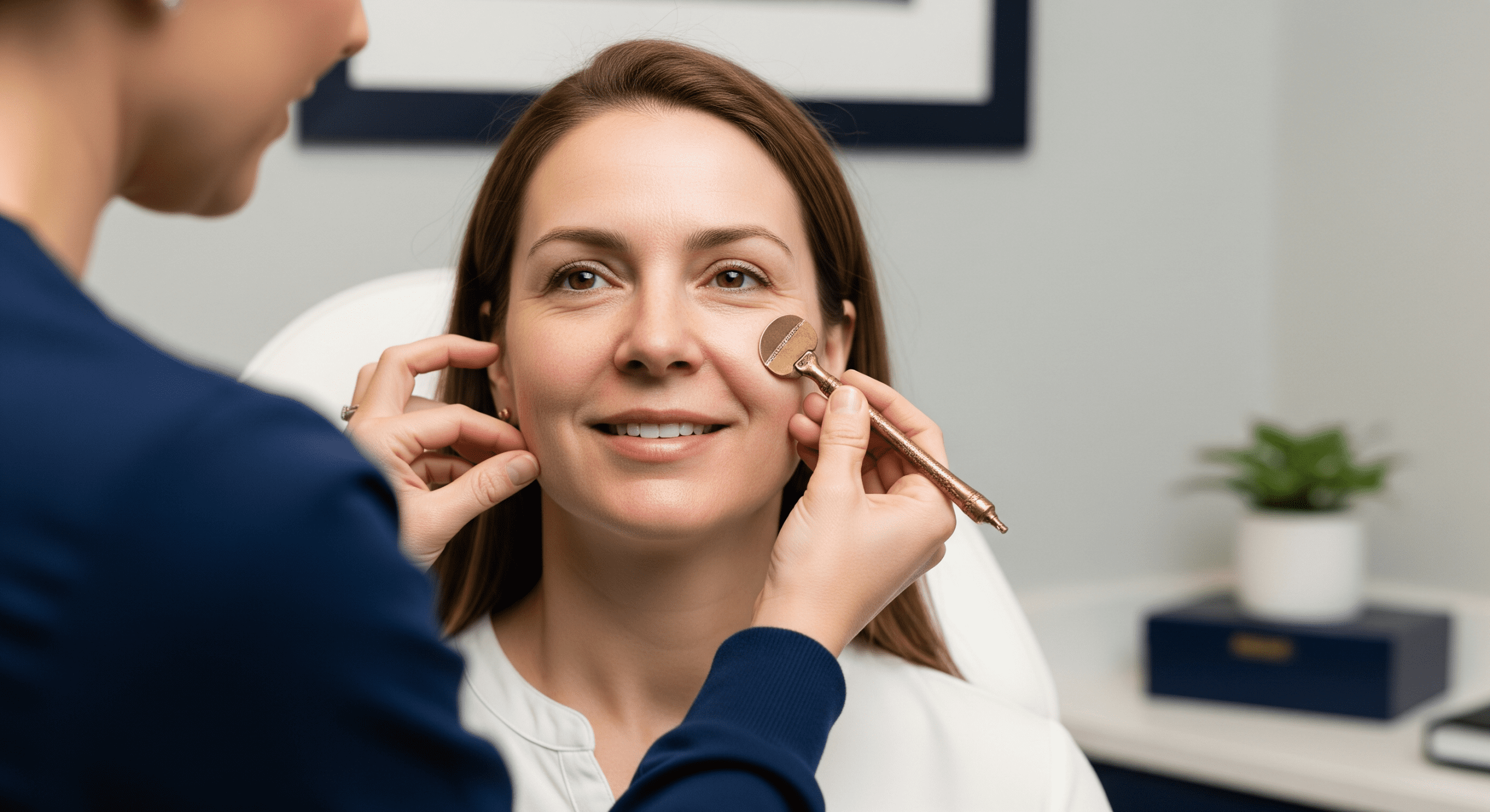 a provider evaluates a patient’s under-eye area using a small assessment tool during a facial consultation.