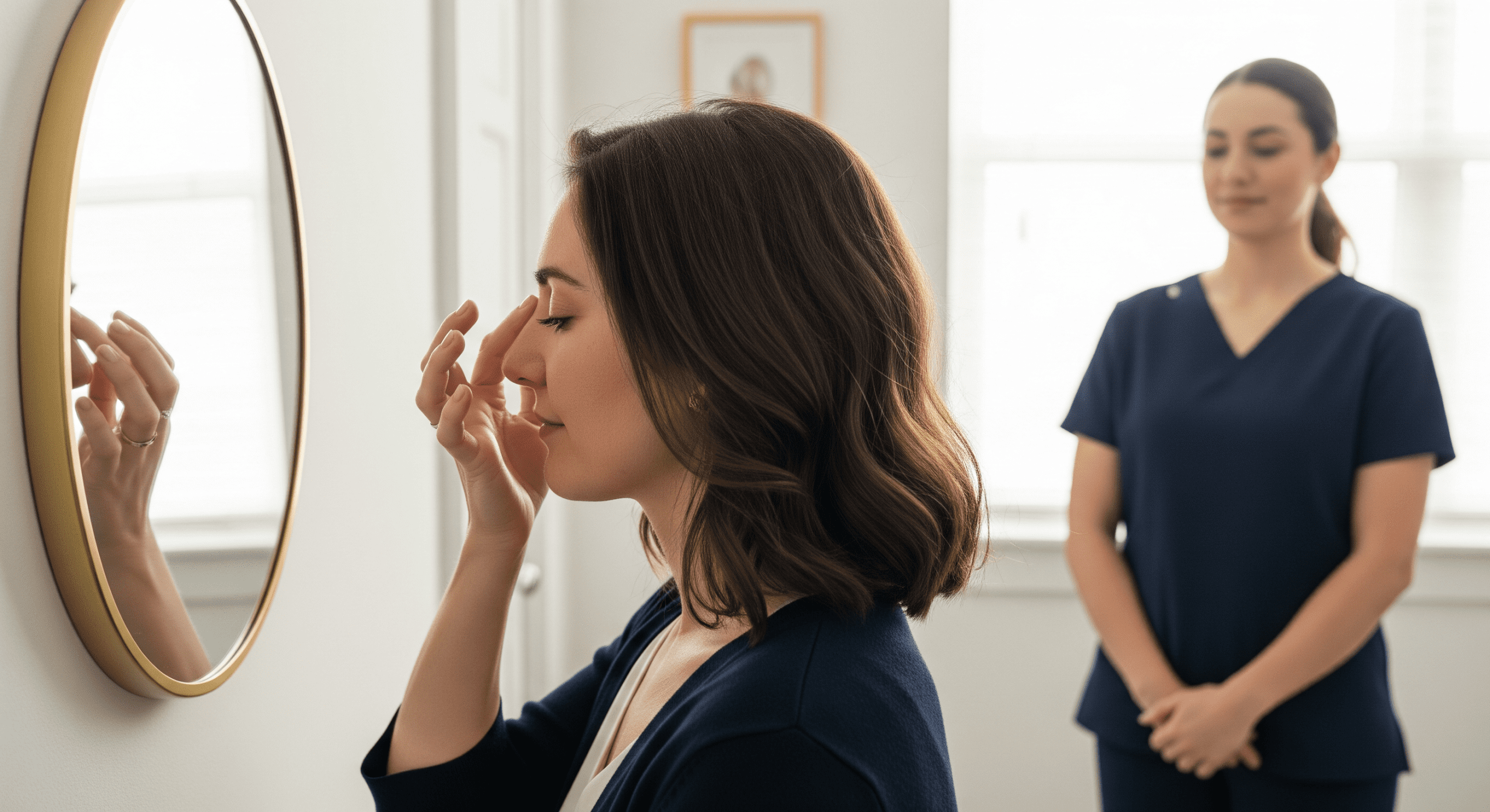 patient evaluating nose shape in mirror before botox nose slimming treatment