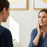 Provider evaluating facial skin health during rosacea consultation