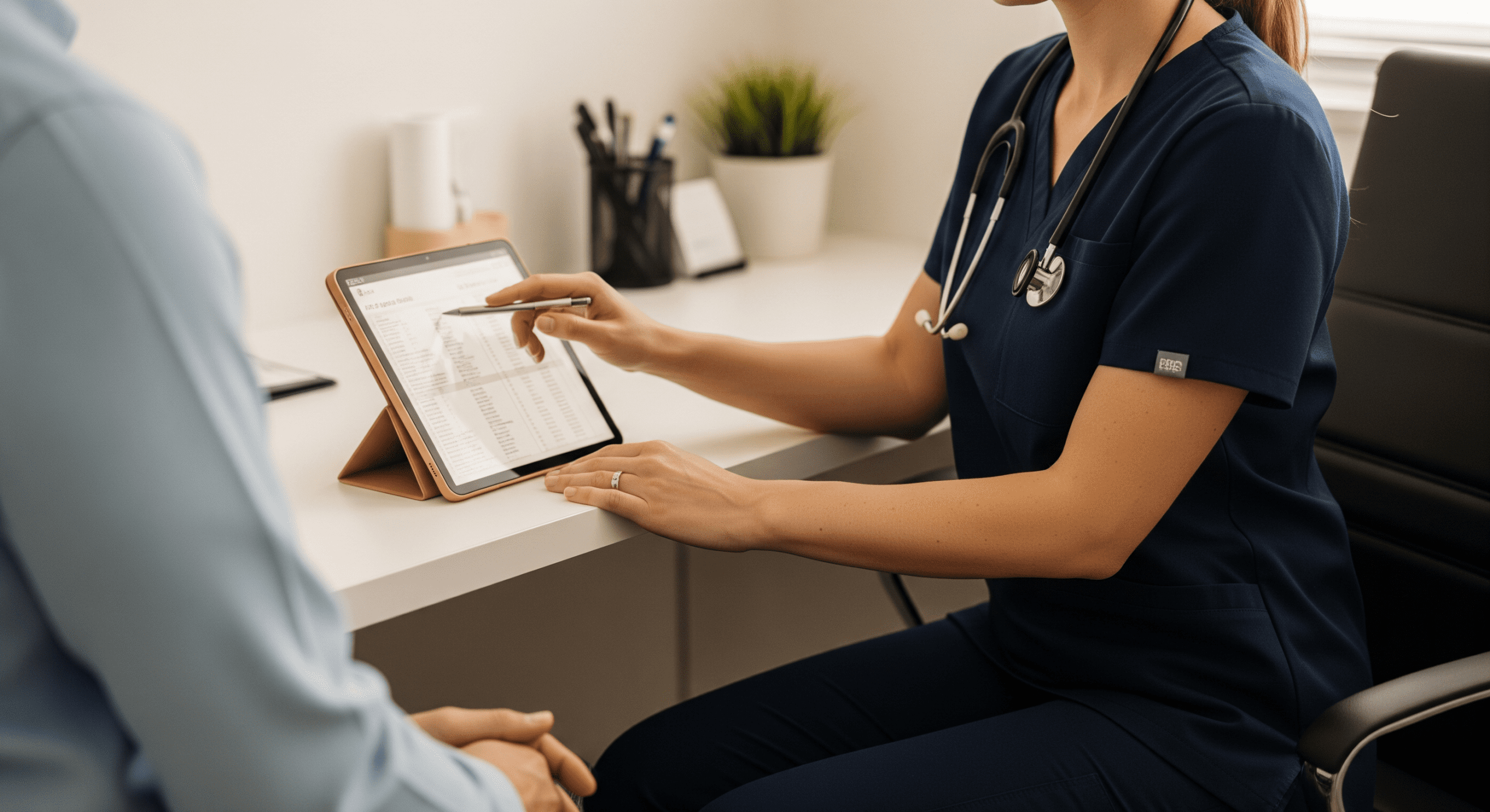 medical provider reviewing hormone therapy progress with patient during monitoring visit