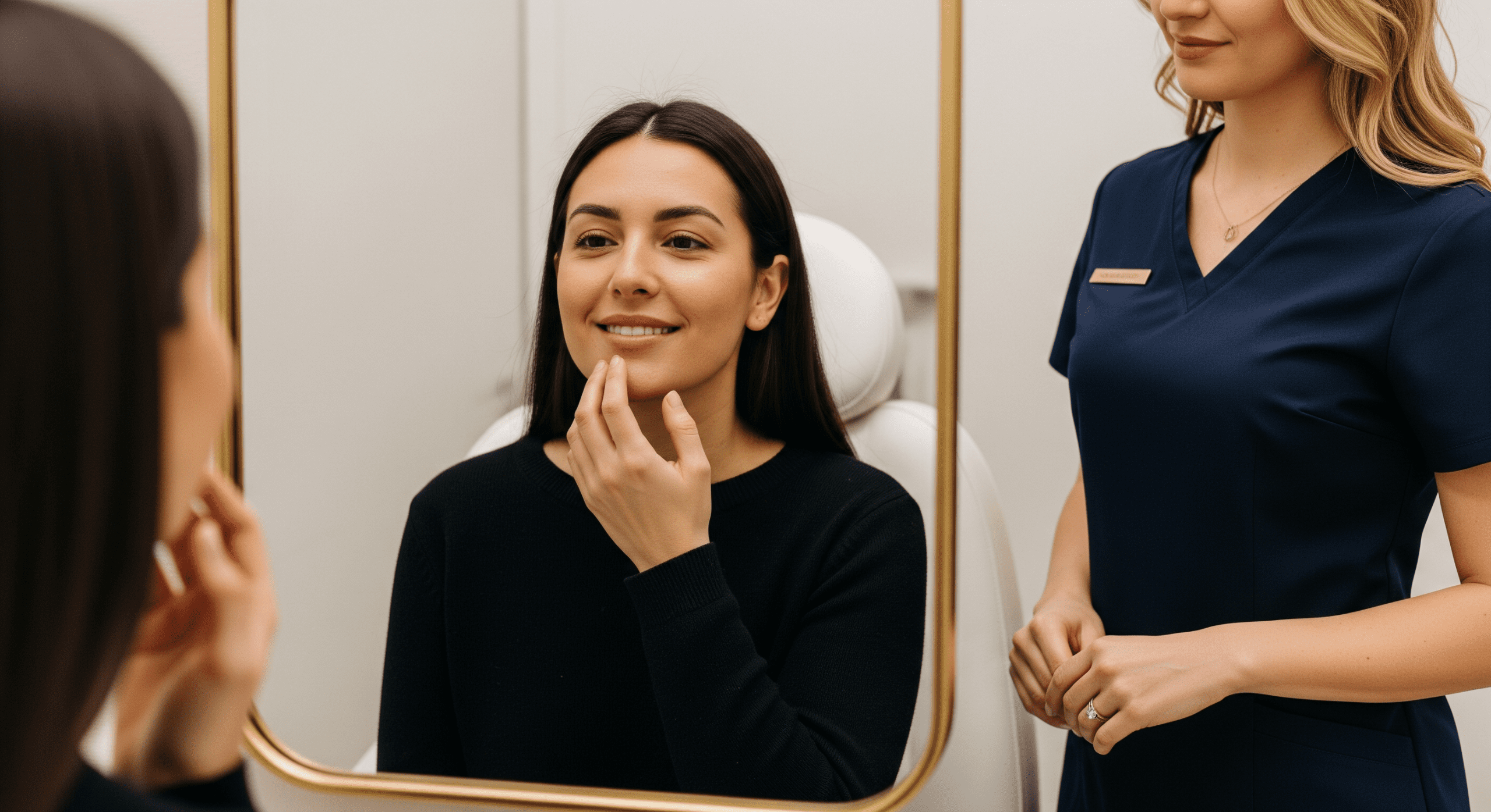 patient reviewing lips in mirror during personalized lip filler consultation in huntsville al