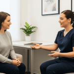 Provider discussing skin texture concerns and treatment options with patient