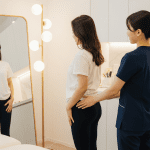 Provider assessing body composition during non-surgical fat reduction consultation