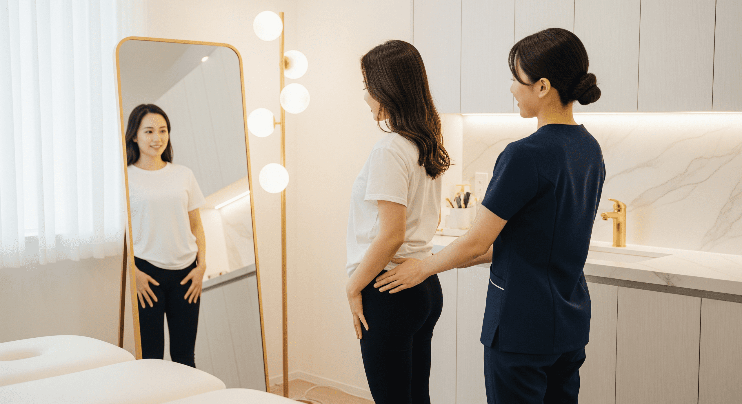 provider assessing body composition during non-surgical fat reduction consultation