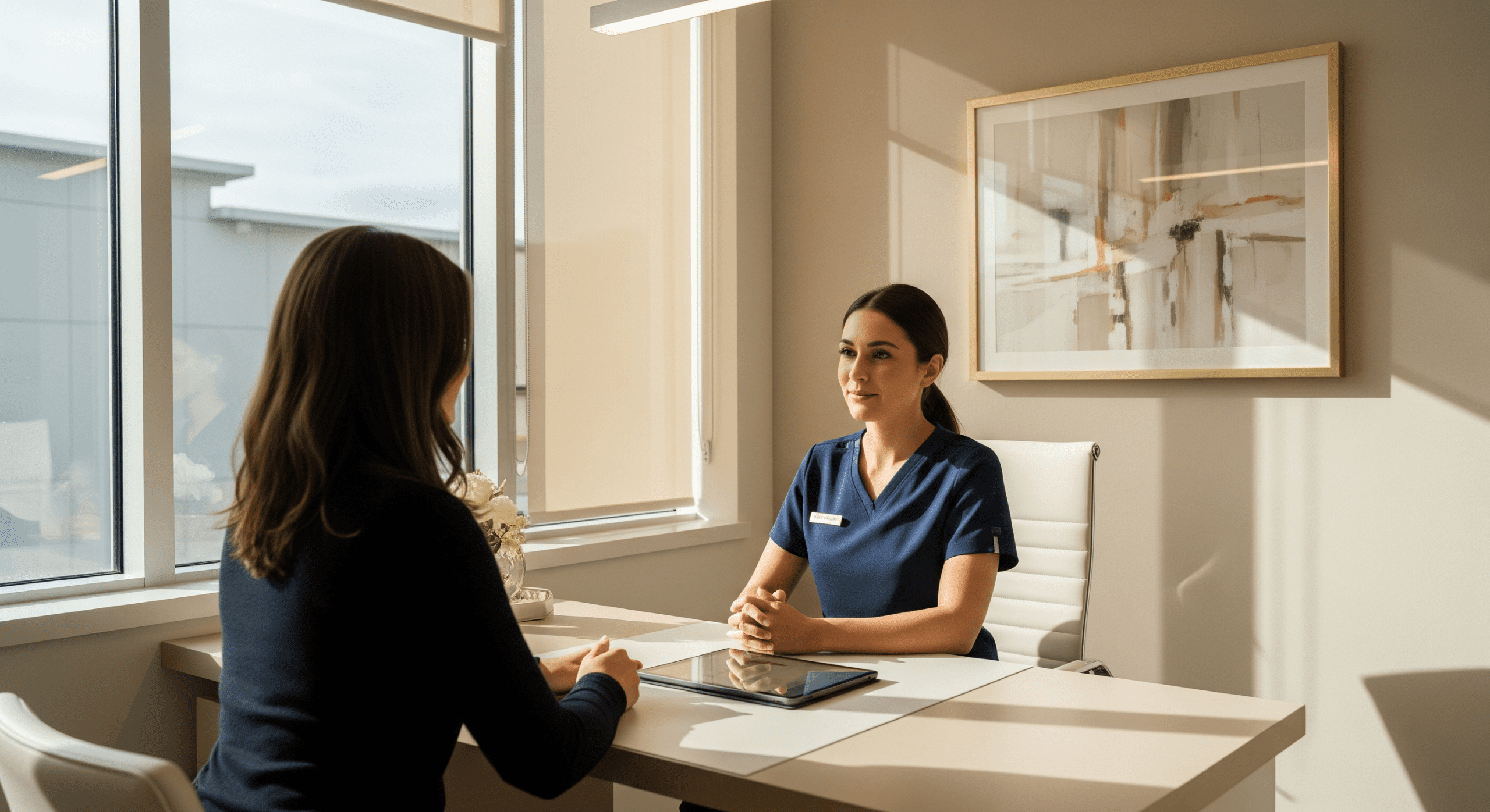 patient meeting with aesthetic provider during a private consultation at a medical aesthetics clinic