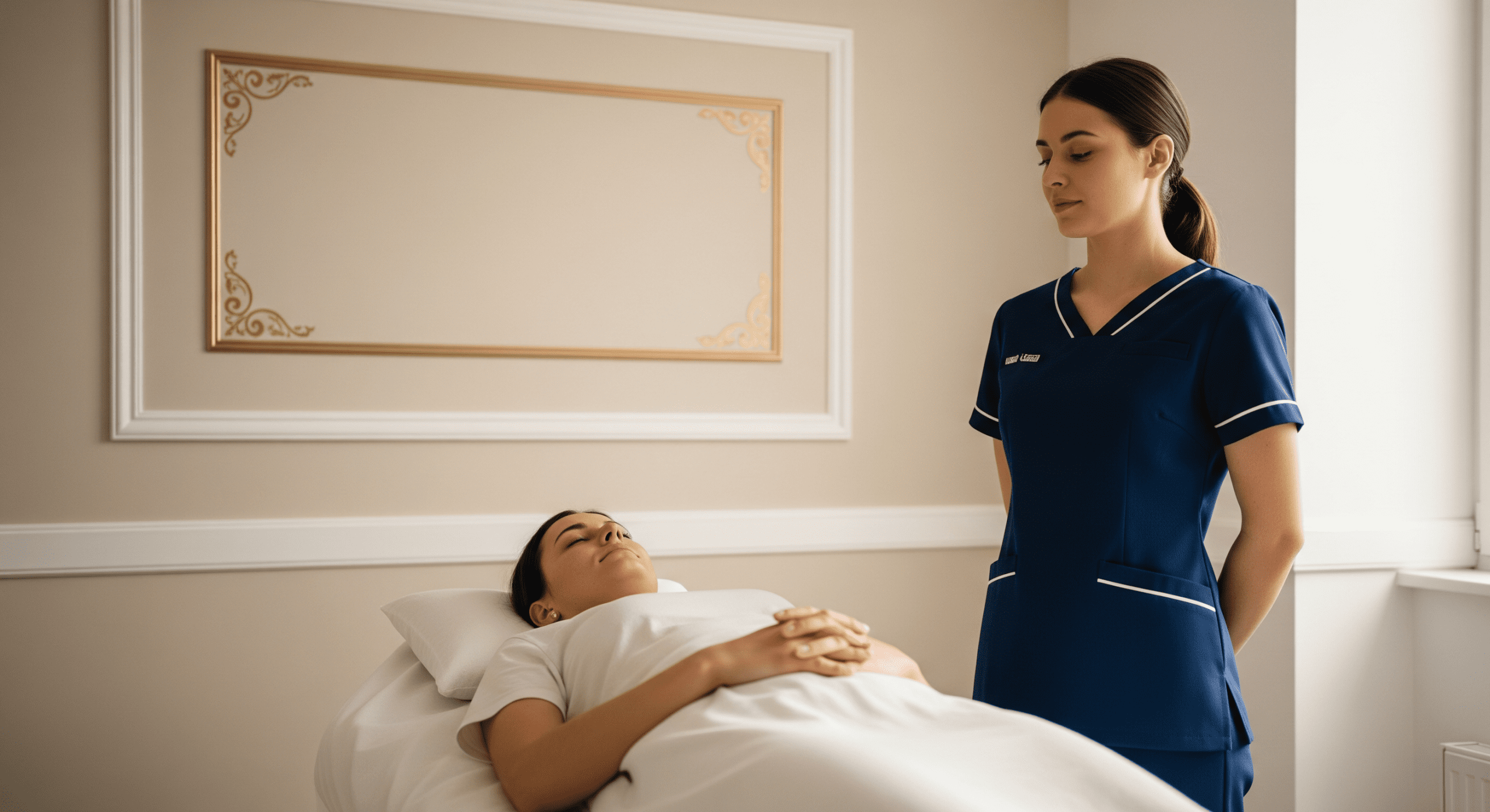 aesthetic provider standing beside patient preparing for treatment