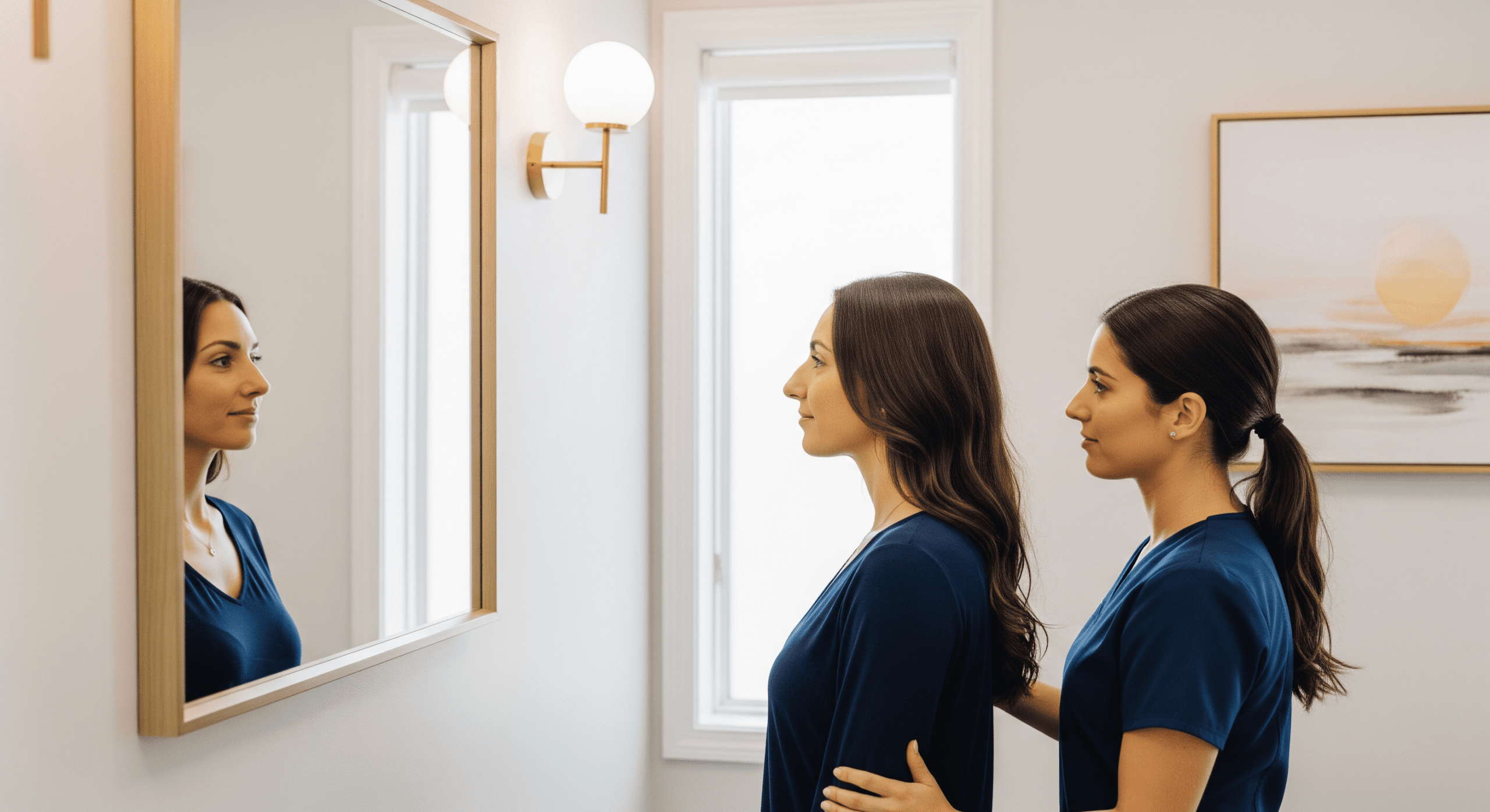 aesthetic provider evaluating patient facial balance while standing beside a mirror