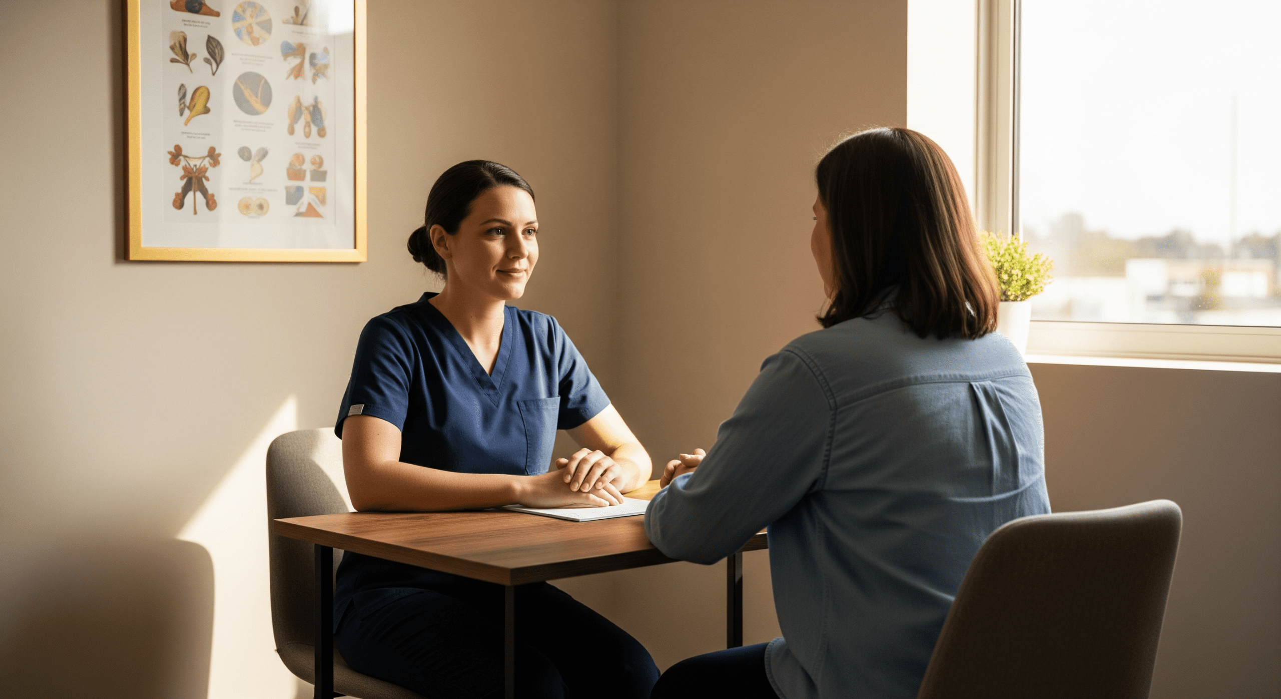 patient and aesthetic provider seated at a table during consultation