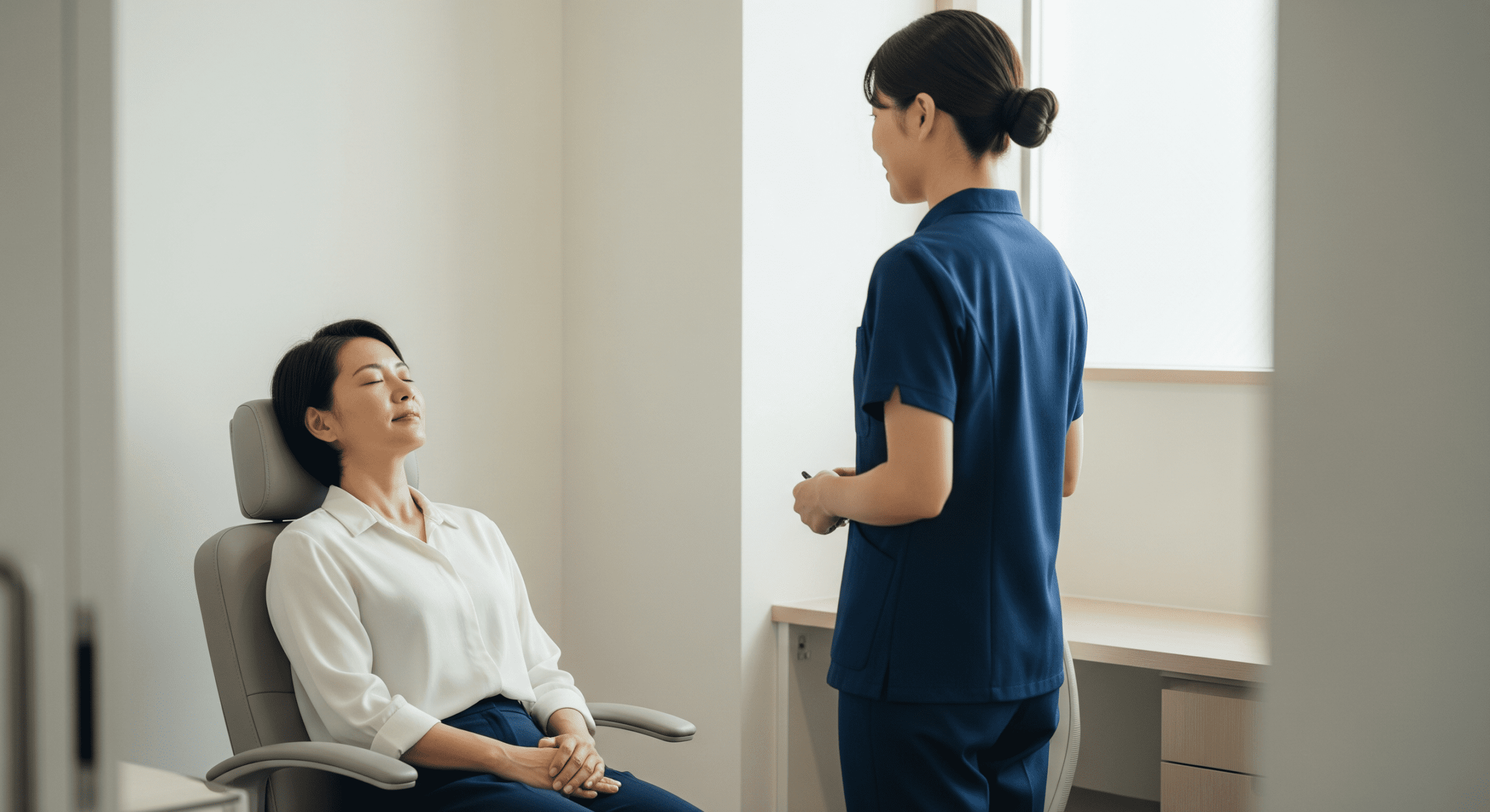 patient relaxing in a treatment chair before an aesthetic procedure