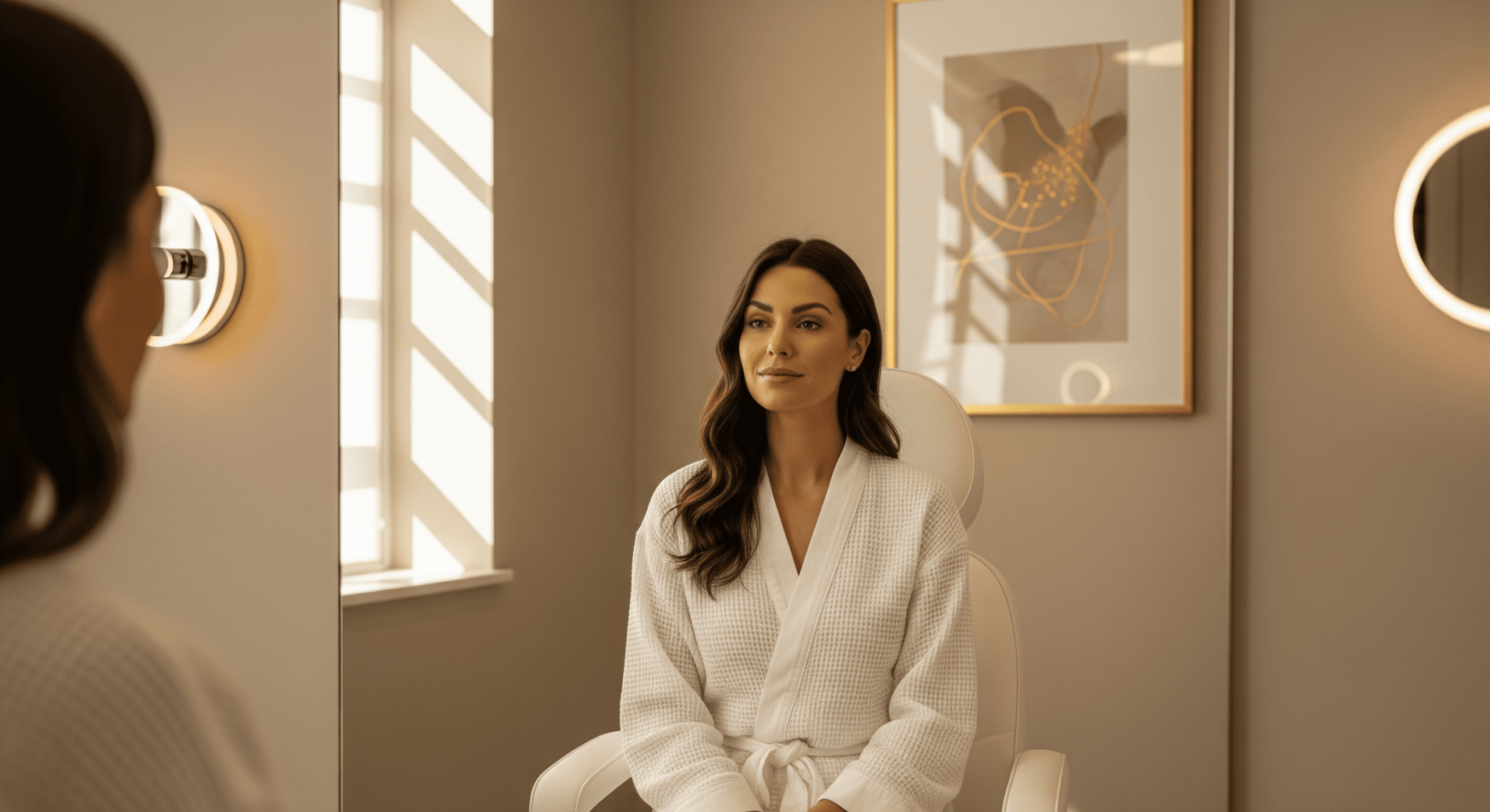 patient looking at her face in a mirror after aesthetic treatment