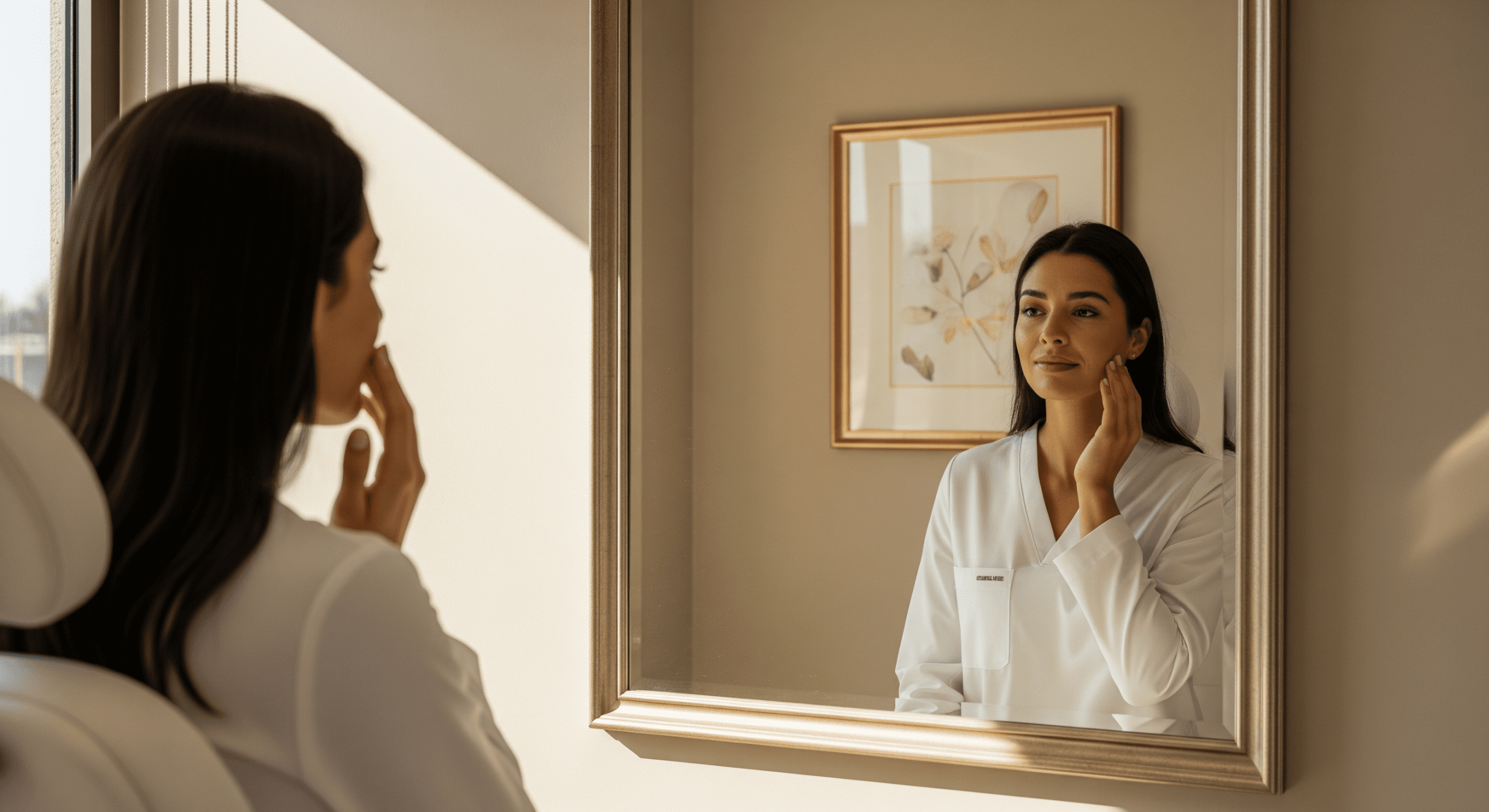 patient gently touching her face while reviewing skin texture in a mirror