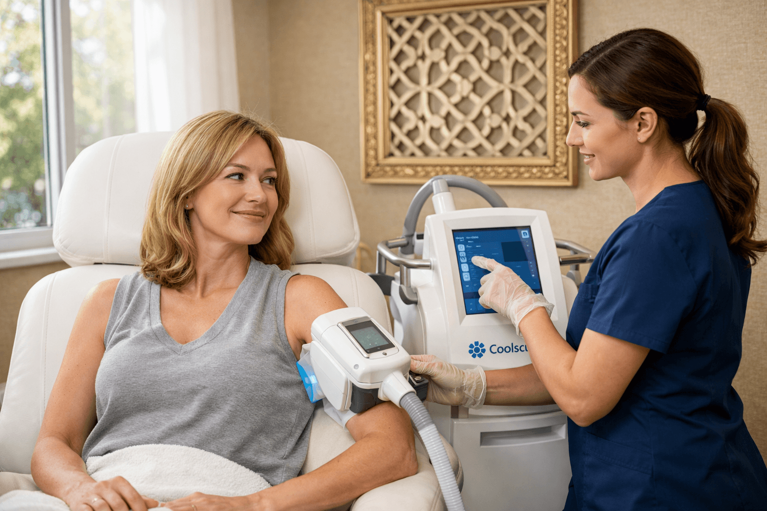 coolsculpting treatment applied to upper arm in medical aesthetics clinic
