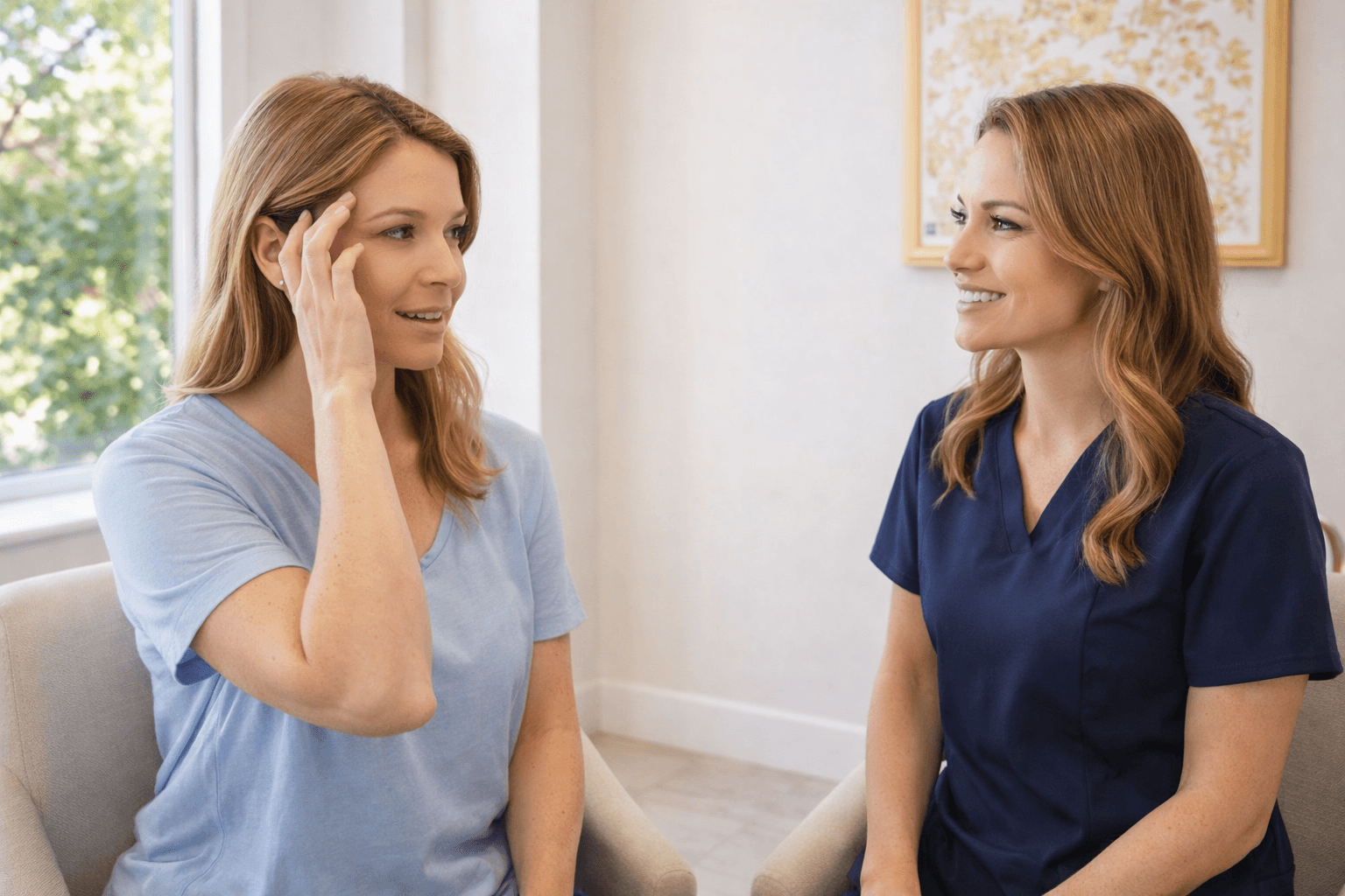 patient discussing facial expression lines with aesthetic provider during consultation