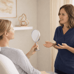 Patient holding a mirror while discussing facial treatment results with provider