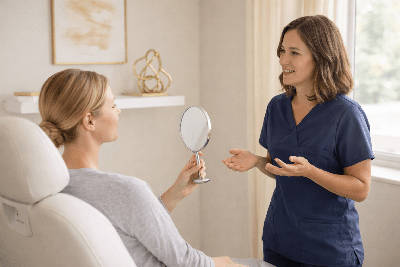 patient holding a mirror while discussing facial treatment results with provider