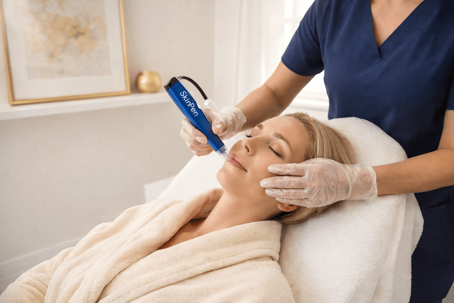 aesthetic provider performing skinpen microneedling treatment on patient