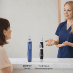 SkinPen microneedling device displayed next to traditional microneedling pen