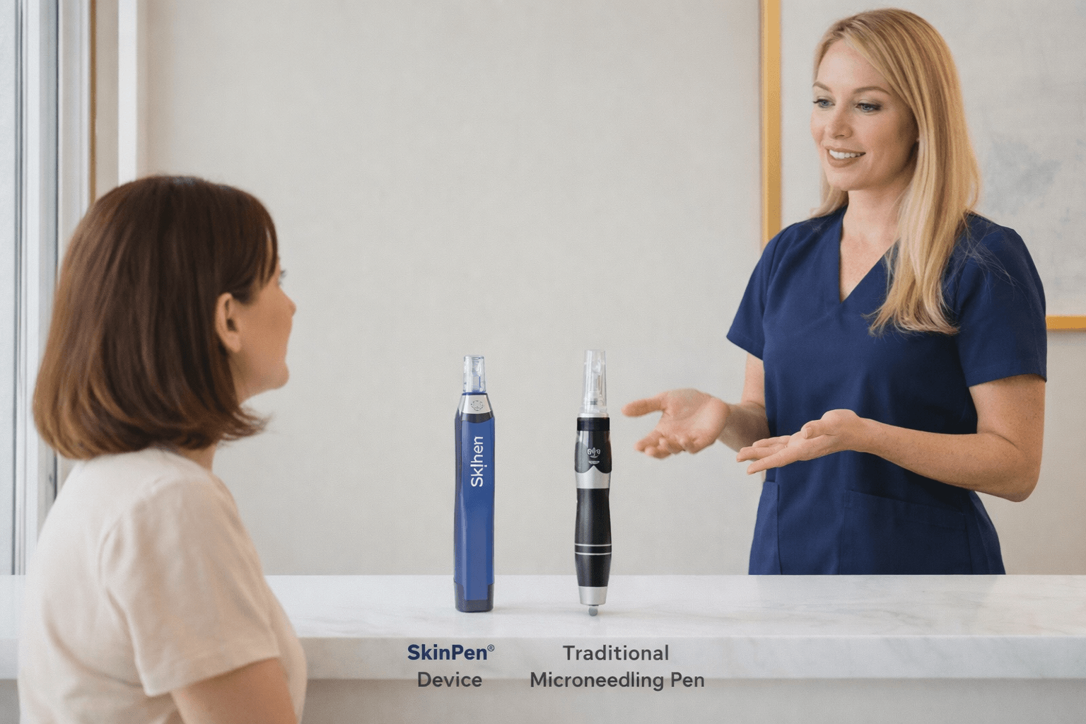 skinpen microneedling device displayed next to traditional microneedling pen