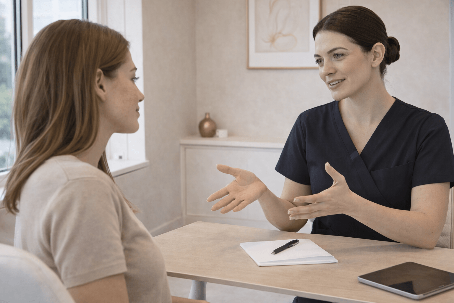 aesthetic provider discussing treatment options with patient at desk